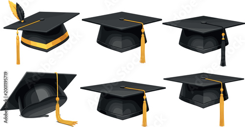 Graduation cap variations with tassel vector illustration collection academic mortarboard hats isolated education achievement design pack