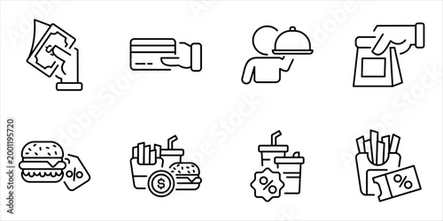 Buying and promotion icon line set customer payment cash card tray takeaway bag discount coupon outline vector illustration