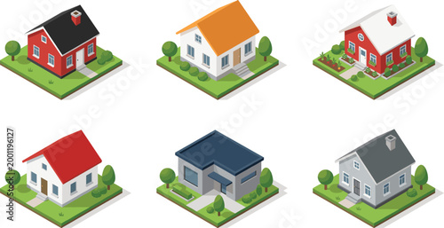 Colorful Isometric Suburban House and Home Collection Set with Gardens Trees and Various Roof Styles Real Estate Vector Illustration on White Background