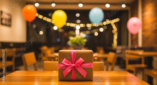 Gift wrapped in brown paper with pink ribbon on wooden table in restaurant with balloons and string lights