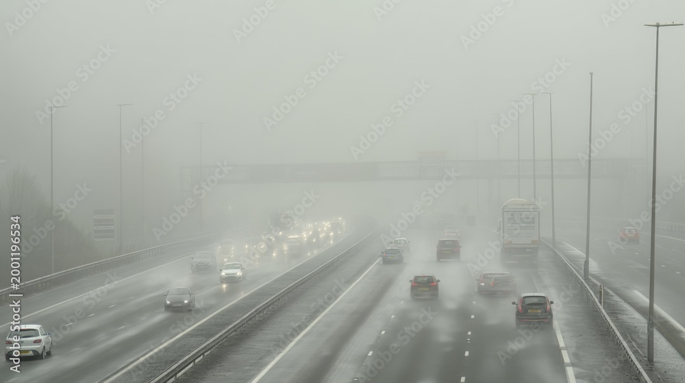 Fototapeta premium Misty asphalt highway in fog with blurred vehicles and reduced visibility on a gloomy day, evoking a sense of uncertainty and isolation in travel