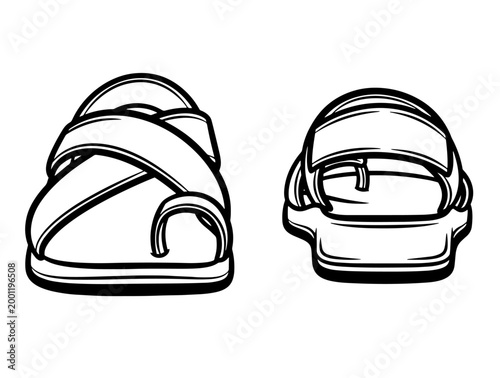 Vector line art of casual criss-cross strap sandals with toe loop, front and back view.