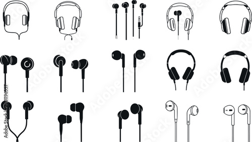 Headphones and earphones vector icon set featuring wired earbuds and over ear headphones minimalist black audio device collection