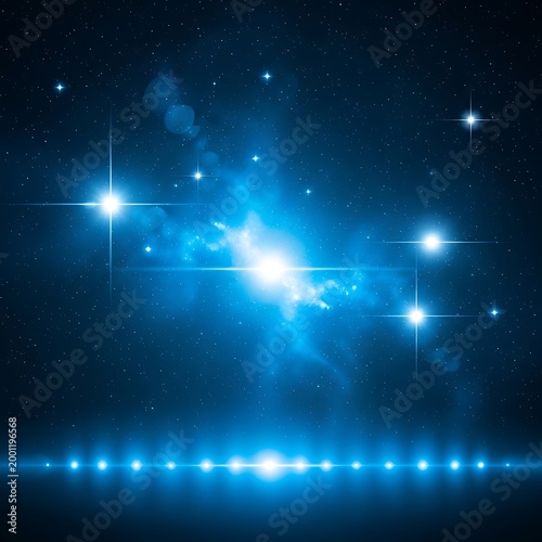 Glowing blue starry night sky with bright celestial lights and a radiant beam of light