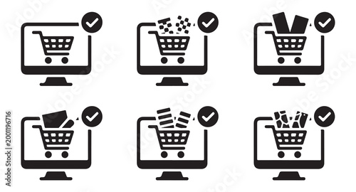 Online shopping confirmation icons. computer screens showing filled shopping carts with check marks.