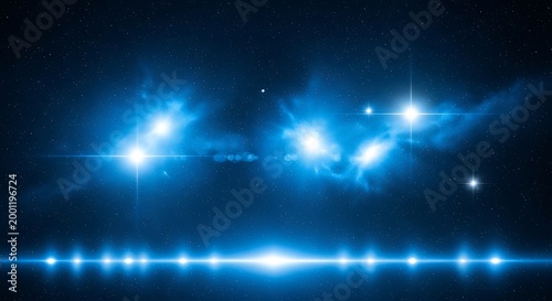 Glowing blue lights and stars shine brightly in a dark space with a horizontal line of light