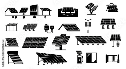 Solar Energy Silhouette Vector Set, Renewable Power and Photovoltaic Panel Icons, Sustainable Green Technology Graphics on Transparent Background