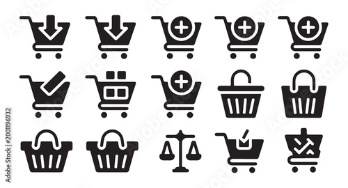 Set of shopping cart icons with add cart and remove items functions.