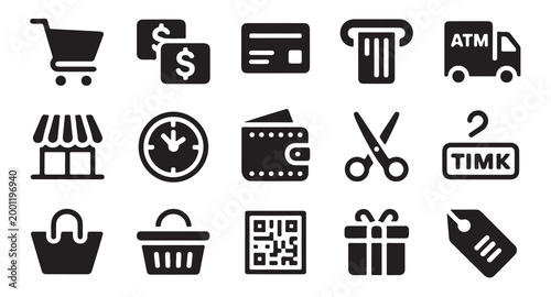 Online shopping icons with payment options and delivery truck and store symbols.