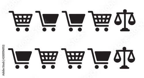 Shopping cart icons and scales of justice icons for legal and commercial concepts.