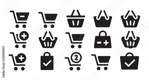 Shopping cart icons, shopping baskets, and bags with plus minus and checkmark.