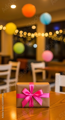 Brown gift box wrapped with pink ribbon on wooden table in restaurant with colorful balloons
