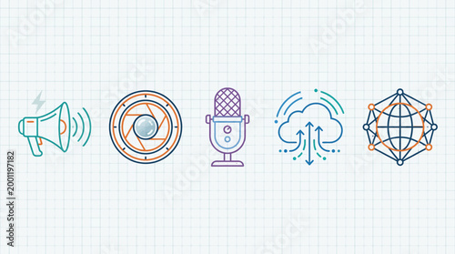 World press freedom day icon set depicting a megaphone, microphone, and globe symbolizing global communication and media independence