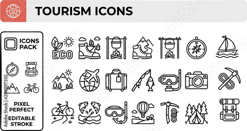 Tourism icon collection in thin line vector for travel agency brochures and destination planning layouts
