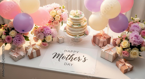 Mother's Day celebration, gift boxes, cake, flowers, balloons, festive table setting