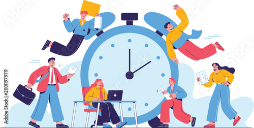 Business people working around a giant alarm clock representing time management productivity deadline scheduling and effective workflow in modern flat style