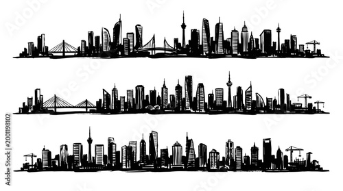 Set of three Minneapolis skyline vector illustrations, hand drawn panoramic cityscape sketch with modern buildings, towers, and bridge