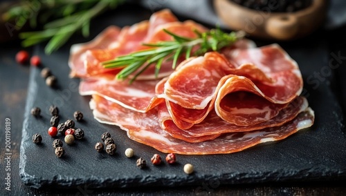 appetizing thinly sliced cured meat on a slate board with rosemary and scattered peppercorns, rustic gourmet appetizer