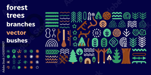 forest elements collection with trees branches bushes vector