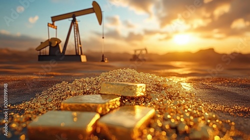 Glittering gold bars and a mound of golden nuggets on sandy ground with oil pumpjacks silhouetted at sunset, conveying opulence and resource-driven prosperity