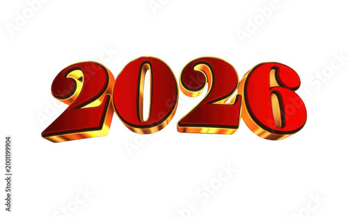 Golden numbers display year 2026 in shiny red font on white