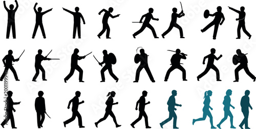 Human silhouette set with walking running fighting and action poses vector illustration collection isolated people shadow figures bundle