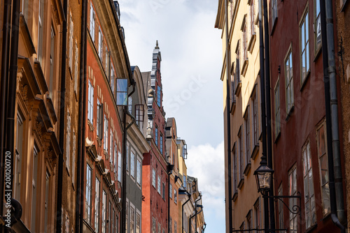 View of old buildings in Gamla Stan Stockholm, with light filtering in - horizontal