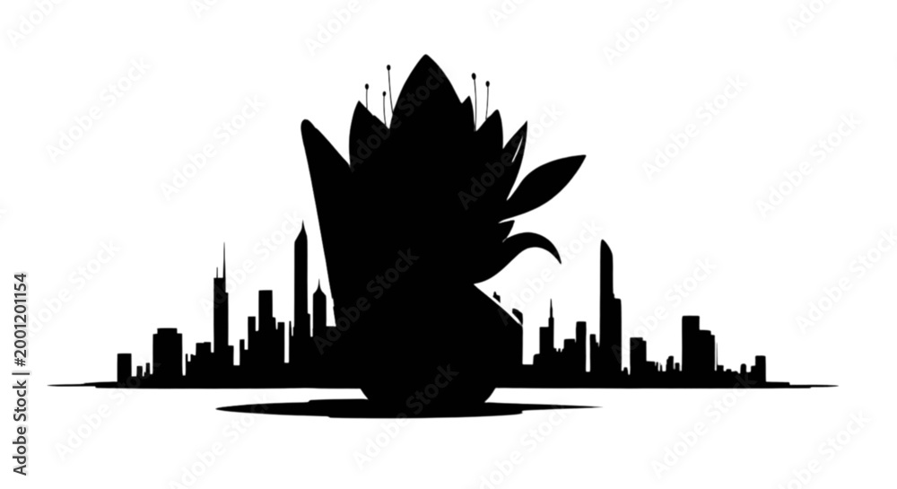 Obraz premium Black silhouette lotus flower with city skyline