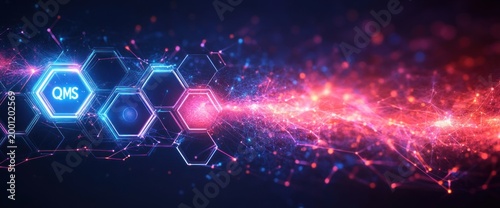 Glowing hexagonal interface and neon blue-pink particle stream conveying dynamic futuristic energy and digital connectivity