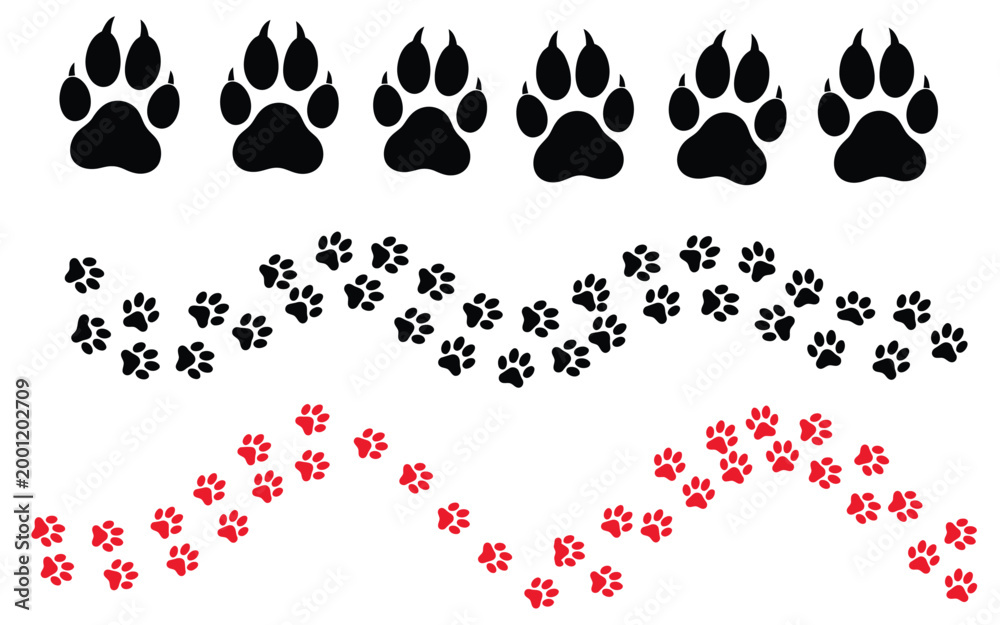 Fototapeta premium Bear paw print trail icon set, animal footprints for design
