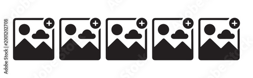 Set of add photo icons in black and white, flat design vector illustration graphic element.