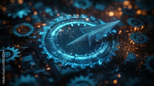 glowing holographic wireframe paper airplane hovering over a circular digital interface surrounded by mechanical gears and circuitry, futuristic innovative and dynamic mood
