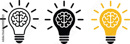 Creative brain lightbulb icon set representing innovation inspiration intelligence and big idea concepts in outline solid and colorful styles