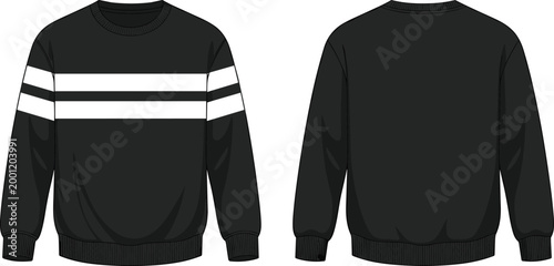 Photos Black sweatshirt fashion sketch, white chest stripes, ribbed cuffs and hem, fron