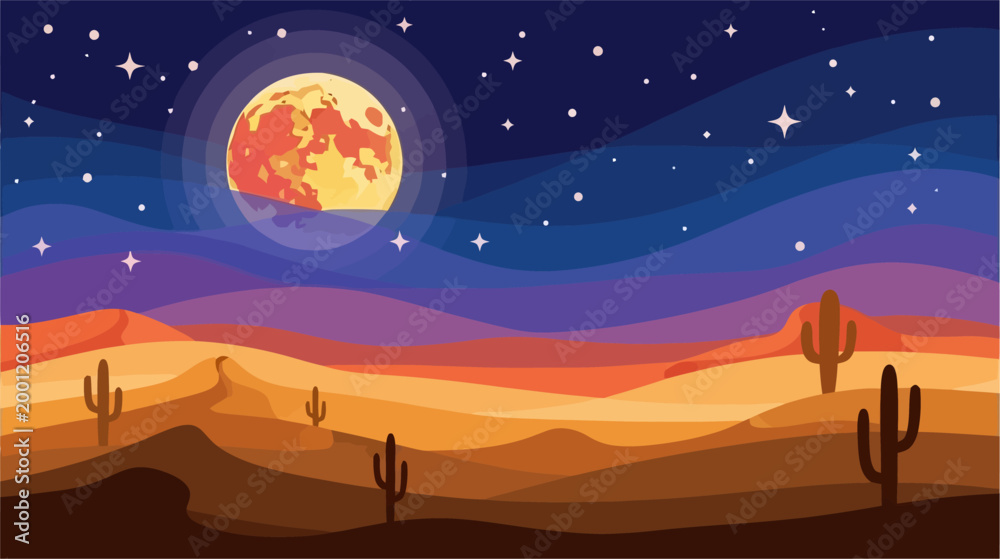 Fototapeta premium Desert night landscape with cacti under a full moon vector can Editable
