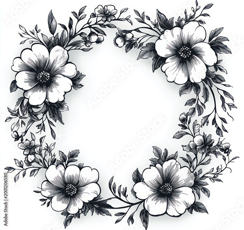 hand-drawn black and white floral wreath with blooming flowers, leaves, buds and delicate branches, elegant vintage botanical frame conveying calm timeless beauty