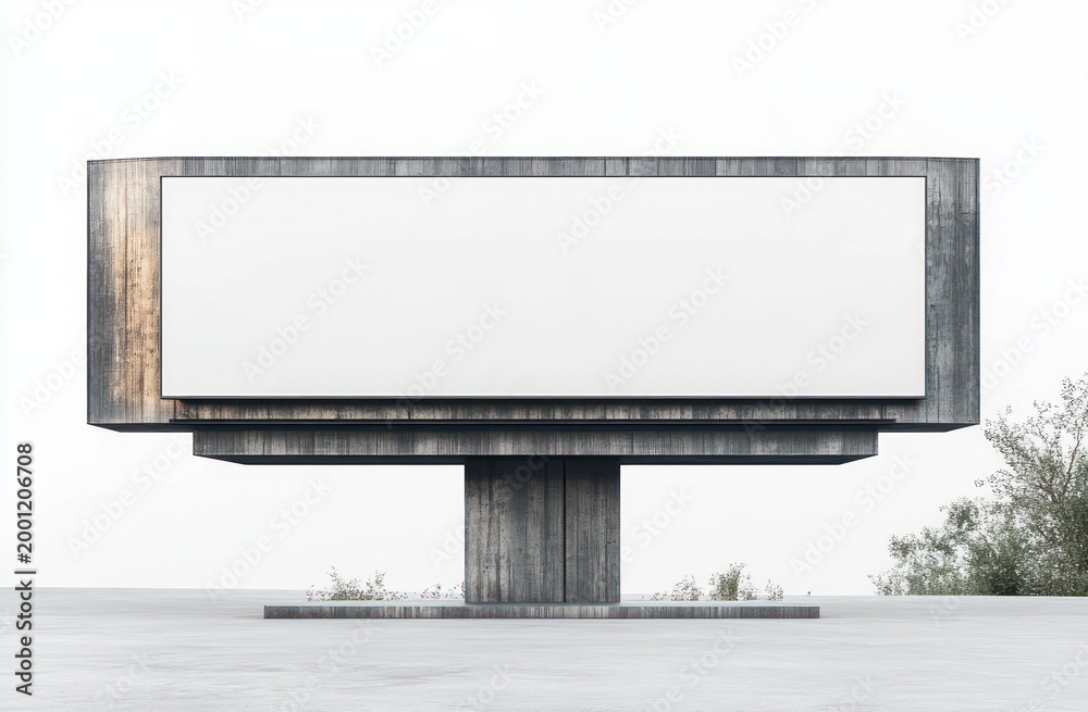 Obraz premium Large empty concrete billboard on a single central pillar in a minimal open landscape with sparse shrubs and overcast sky, evoking a stark contemplative mood