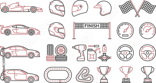 Obraz na plátne A comprehensive collection of red and black line art icons representing car racing, automotive sports, and motorsport equipment