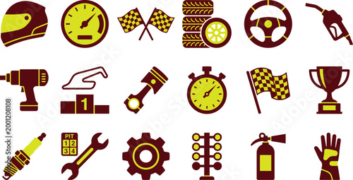A vibrant collection of racing and automotive-themed vector icons, perfect for sports and vehicle designs.