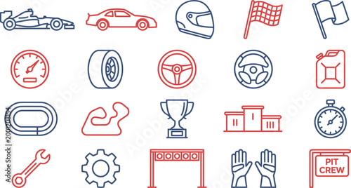 Set of twenty colorful racing icons featuring vehicles, gear, equipment and track symbols for sporting event projects