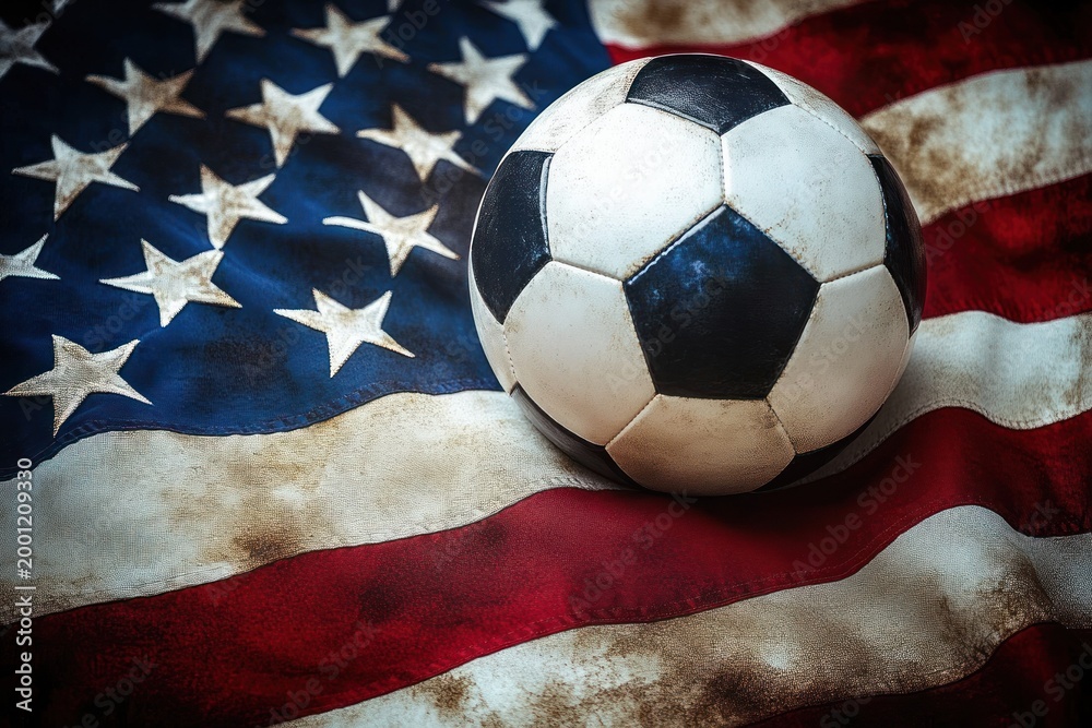Naklejka premium Worn soccer ball resting on a weathered American flag, evoking patriotic pride, resilience, and determined sporting spirit
