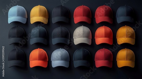 Twenty baseball caps arranged in a neat 5x4 grid on a dark wall, assorted muted and bright colors creating a modern, organized and playful display