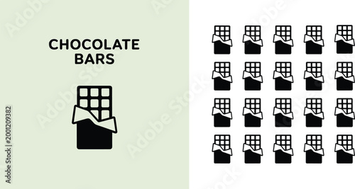 Set of chocolate bar icons in black silhouette style for confectionery food packaging and sweet dessert menu design