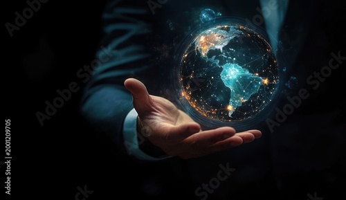 person in a suit holding a glowing digital earth hologram with illuminated city lights and network connections, evoking futuristic control, connectivity and innovation