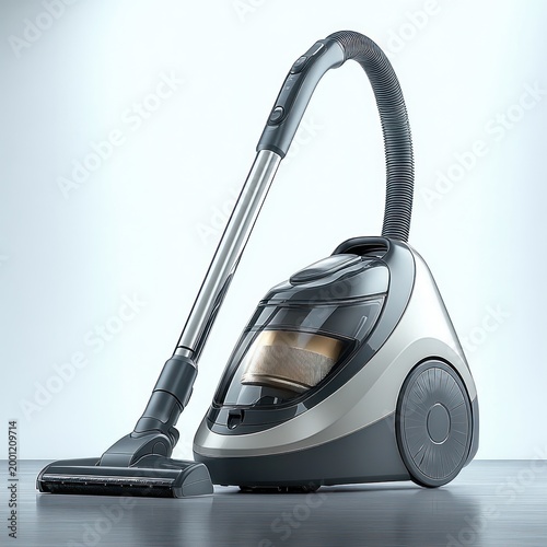 sleek modern canister vacuum with transparent dust container, flexible hose, telescopic metal wand and floor nozzle resting on a clean floor conveying efficiency and readiness