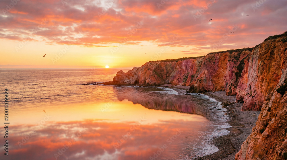 Obraz premium Rugged cliff with vibrant orange and pink hues in a serene sunset scene colorful sky