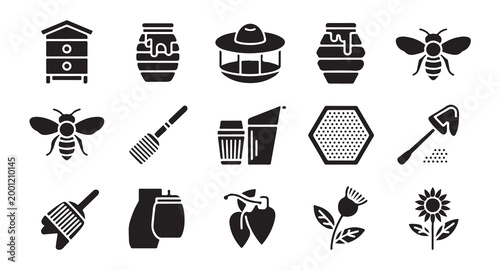 Beekeeping equipment and insects icons collection for agriculture and apiary service.