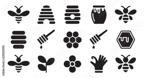 Beekeeping icons set with bees hives honey jars tools and flowers for farming.