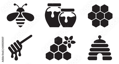 Honey and bee icons featuring honeycomb with flowers and wooden dipper and hive and jars set.