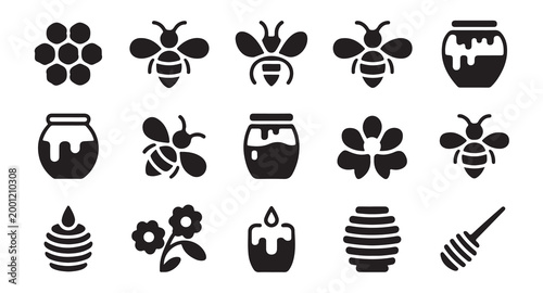 Natural honey production icons featuring bees and flowers and wax candles and storage jars.